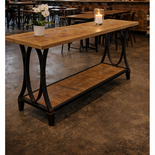 BECK RECYCLED ELM RUSTIC CONSOLE/HALL TABLE PARQUETRY TOP BLACK IRON BASE