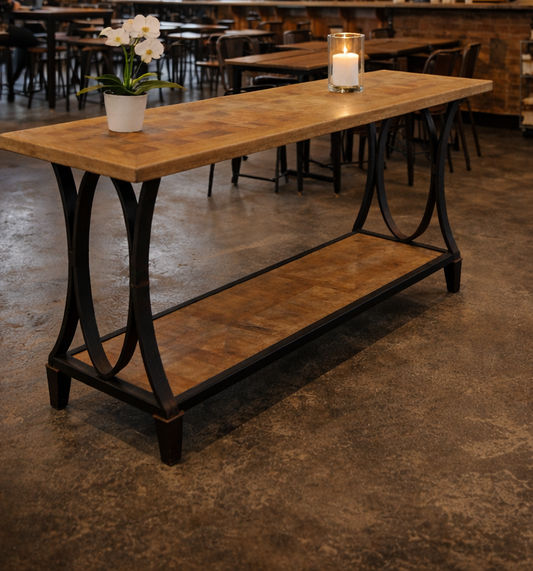 BECK RECYCLED ELM RUSTIC CONSOLE/HALL TABLE PARQUETRY TOP BLACK IRON BASE - MyChocolateWood