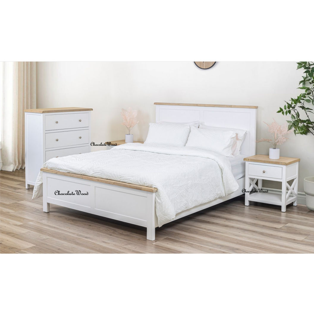 CHRISTA HAMPTON SOLID ACACIA QUEEN BED LIGHT OAK TOP WHITE BASE (4CTN) - MyChocolateWood