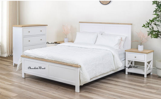 CHRISTA HAMPTON SOLID ACACIA QUEEN BED LIGHT OAK TOP WHITE BASE (4CTN) - MyChocolateWood