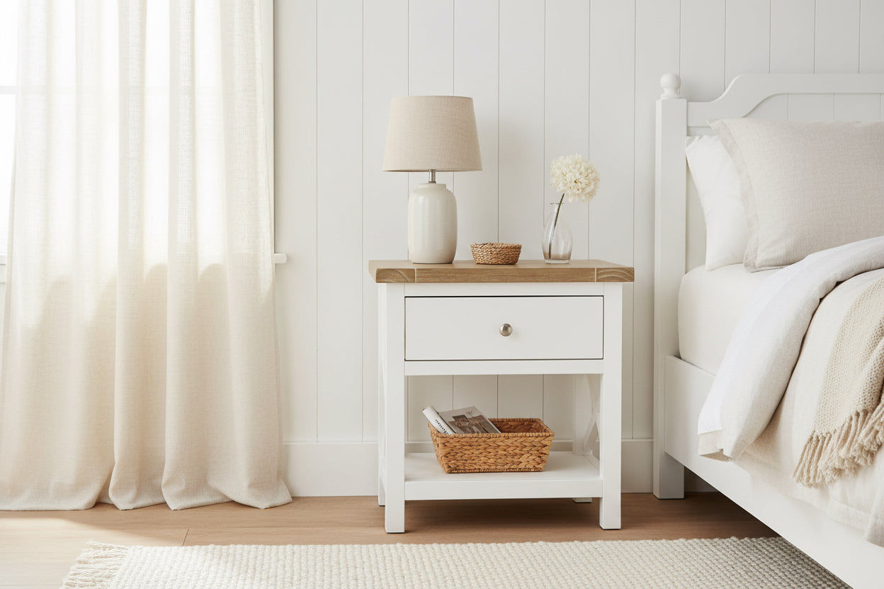 CHRISTA HAMPTON SOLID ACACIA 1 DRAWER BEDSIDE TABLE LIGHT OAK TOP WHITE BASE (Copy) (Copy) - MyChocolateWood