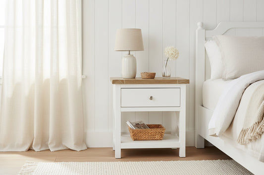 CHRISTA HAMPTON SOLID ACACIA 1 DRAWER BEDSIDE TABLE LIGHT OAK TOP WHITE BASE (Copy) (Copy) - MyChocolateWood