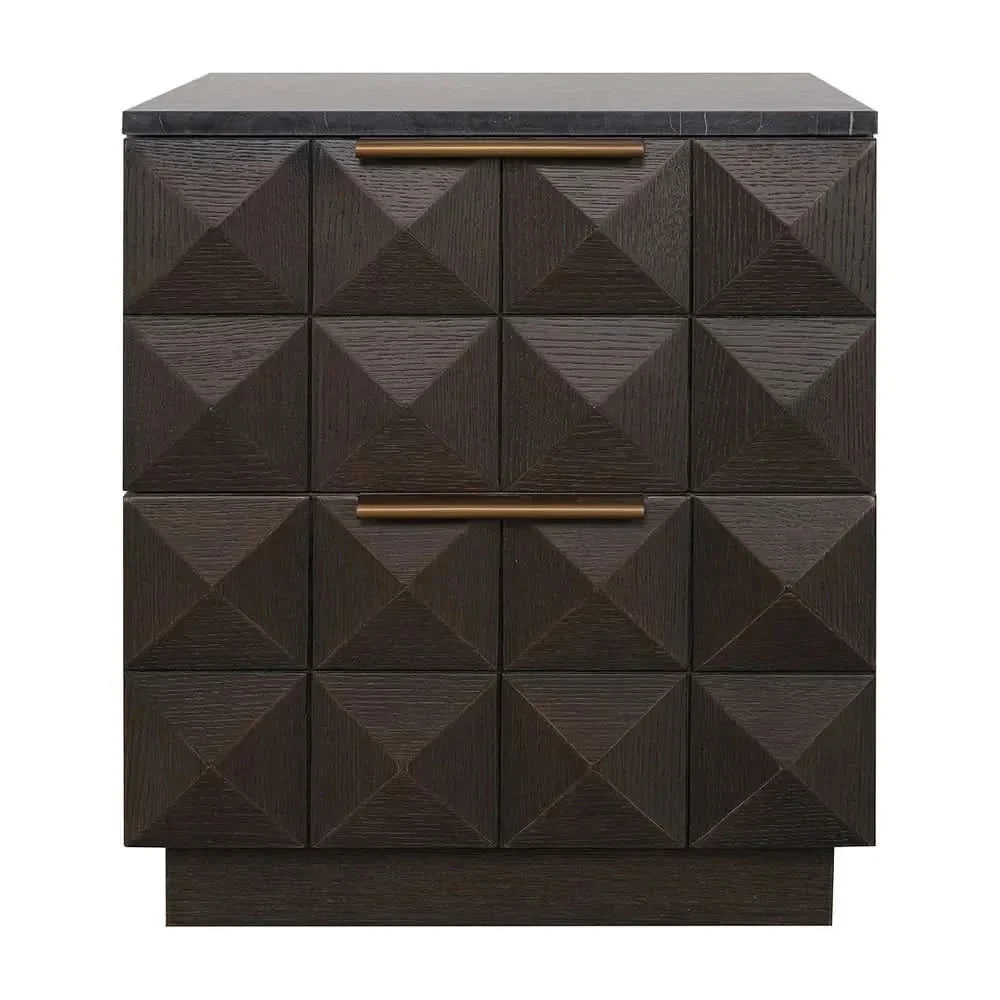 Hampshire 2-Drawer Bedside Table in Smoked Oak with Black Marble Top - Chocolate Wood