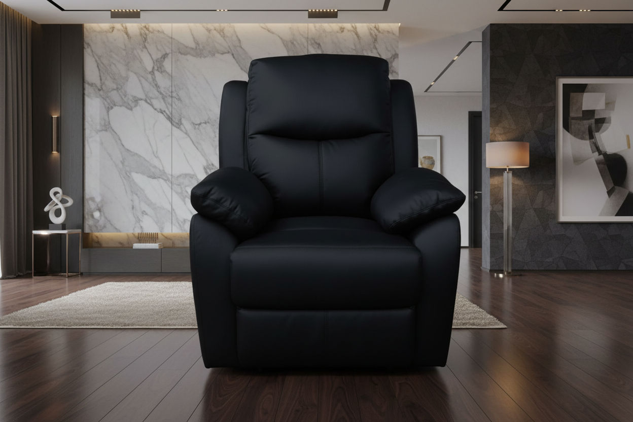 LANCY PREMIUM LEATHER SINGLE SEATER RECLINER ARMCHAIR BLACK - MyChocolateWood