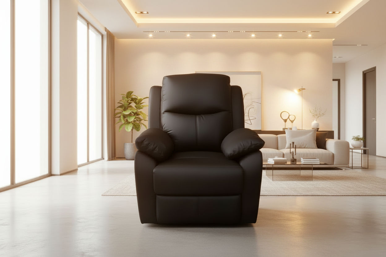 Lancy Premium Leather Single Seater Manual Recliner Armchair in Black - Chocolate Wood