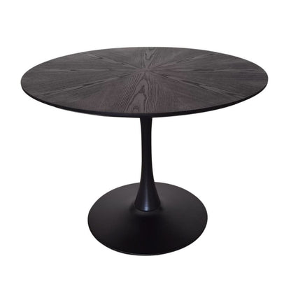 ALBERGE ROUND MARBLE-LOOK GLASS TOP DINING TABLE ON PEDESTAL METAL BASE BLACK - MyChocolateWood