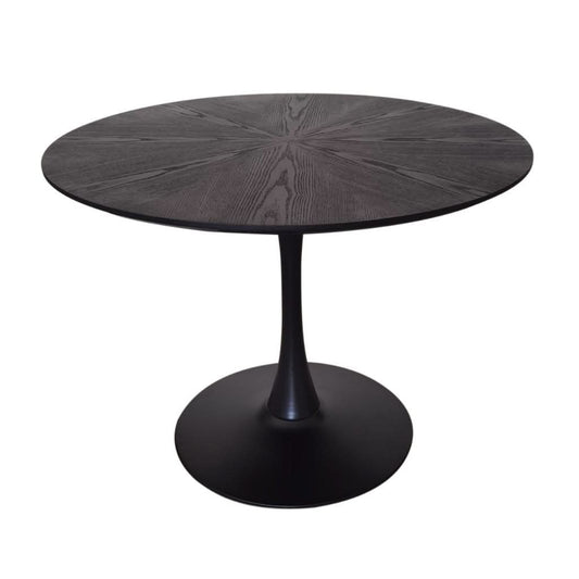 ALBERGE ROUND MARBLE-LOOK GLASS TOP DINING TABLE ON PEDESTAL METAL BASE BLACK - MyChocolateWood