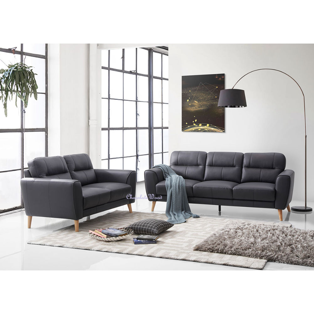 VIGGO 2-SEATER + 3-SEATER LEATHER SOFA SET BLACK - MyChocolateWood