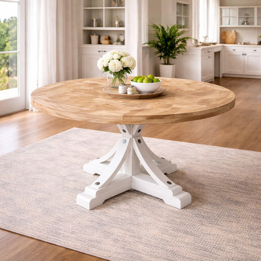 Gibraltar Hampton Style Round Herringbone Parquetry Dining Table, natural top with Distressed White base - Chocolate Wood