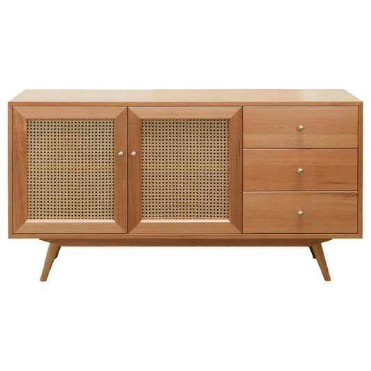 HADLEIGH OAK & RATTAN 2 DOOR 3 DRAWER SIDEBOARD BUFFET NATURAL - MyChocolateWood