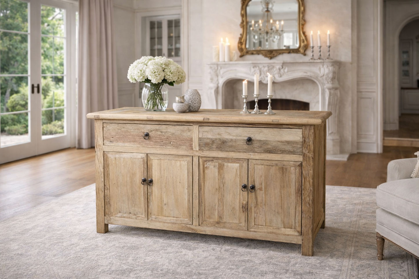 Gibraltar Rustic Recycled Elm 4-Door 2-Drawer Sideboard / Buffet with Parquetry Top 160cm - Chocolate Wood