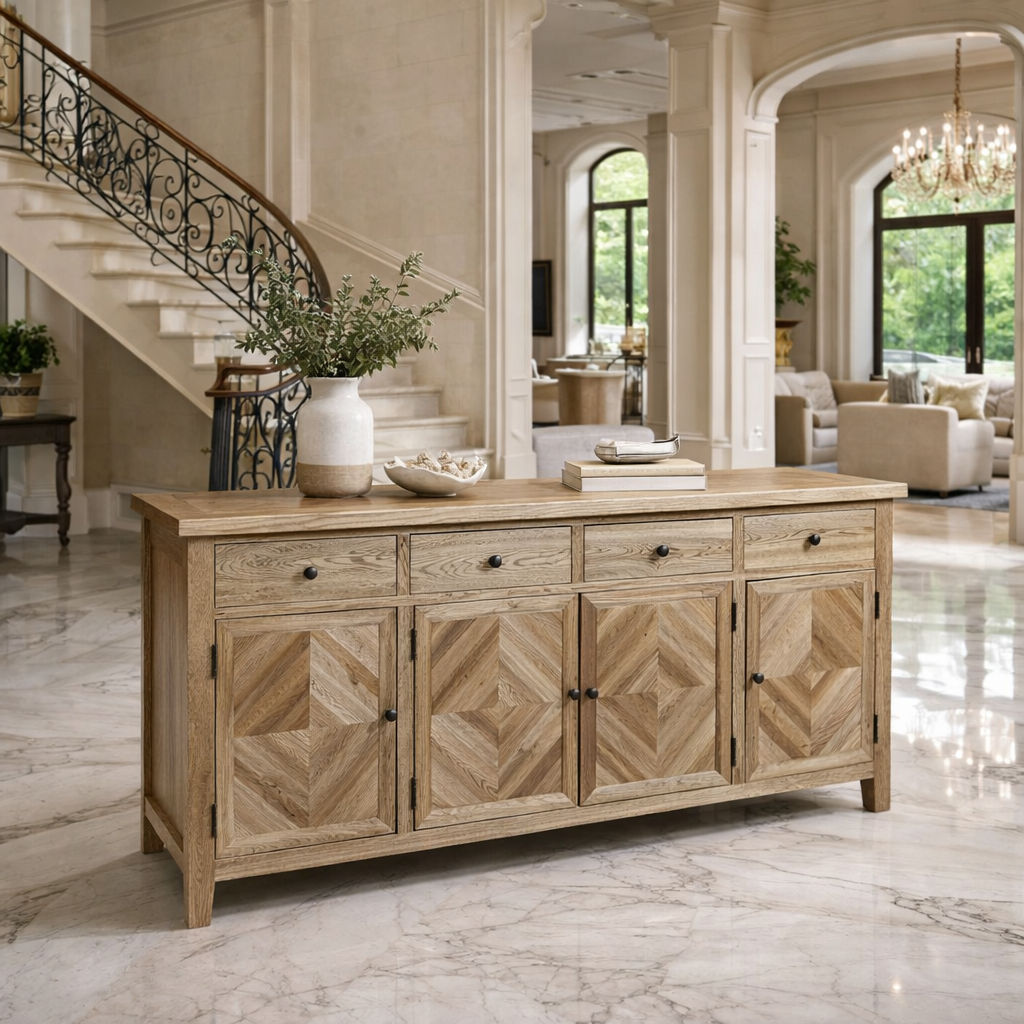 DUTCHY FRENCH PROVINCIAL STYLE BUFFET/SIDEBOARD 4 DOORS & 4 DRAWERS WITH PARQUETRY PATTERN 180 CMS - MyChocolateWood