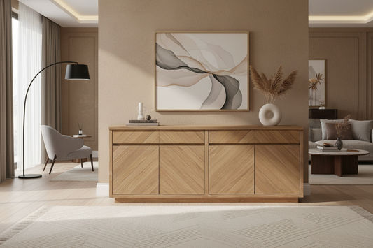 MONTCLAIRE PARQUETRY TIMBER BUFFET/SIDEBOARD 4 DOORS/4 DRAWERS NATURAL 200CM - MyChocolateWood