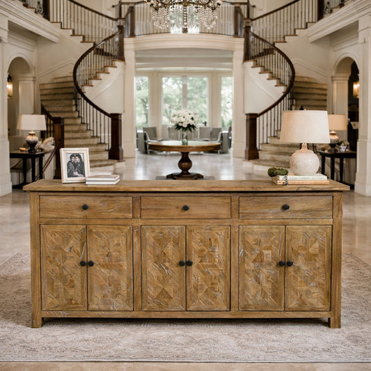 KENSIT HAMPTONS RUSTIC RECYCLED ELM BUFFET/ SIDEBOARD PARQUETRY PATTERN 3 DRAWERS 6 DOORS 200 CM - MyChocolateWood