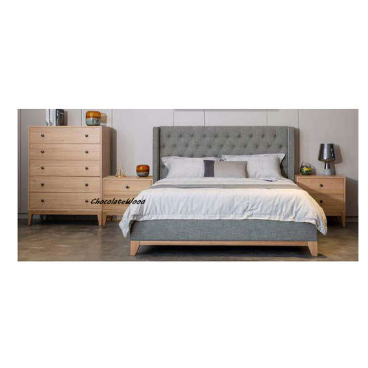 NERISSA QUEEN BED WITH FABRIC BUTTON TUFTED HEADBOARD IN STORM - MyChocolateWood