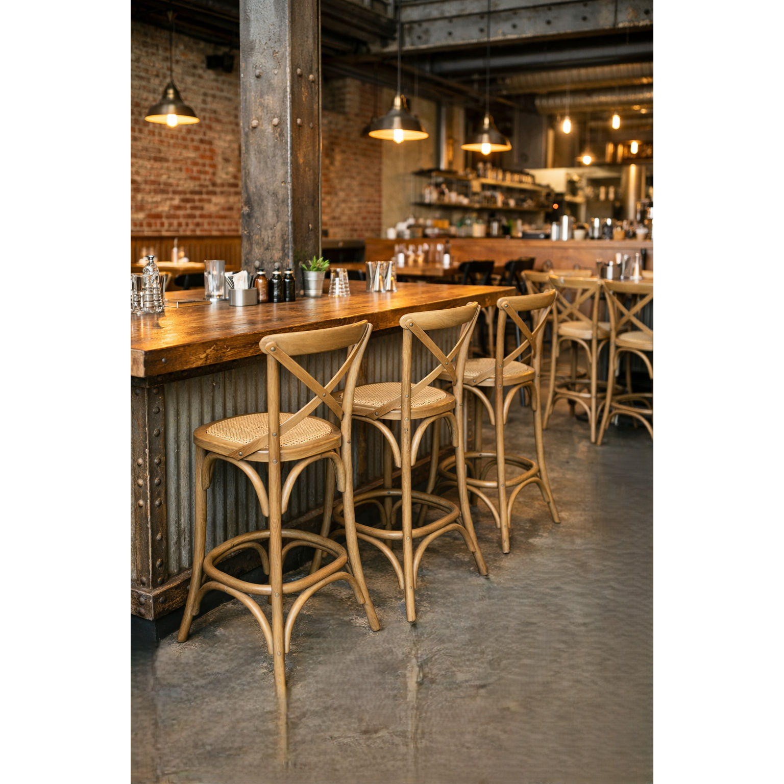 EMERSON NATURAL CROSS BACK BAR STOOL WITH RATTAN SEAT - 65CM SEAT HEIGHT - MyChocolateWood