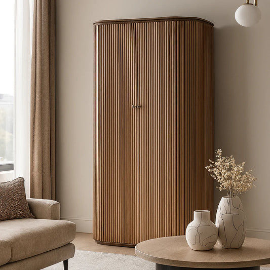 MyChocolateWood Jarvis slatted old elm cabinet with natural finish, featuring two doors and ample storage space
