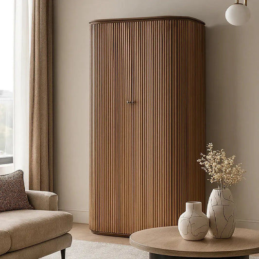 MyChocolateWood Jarvis slatted old elm cabinet with natural finish, featuring two doors and ample storage space