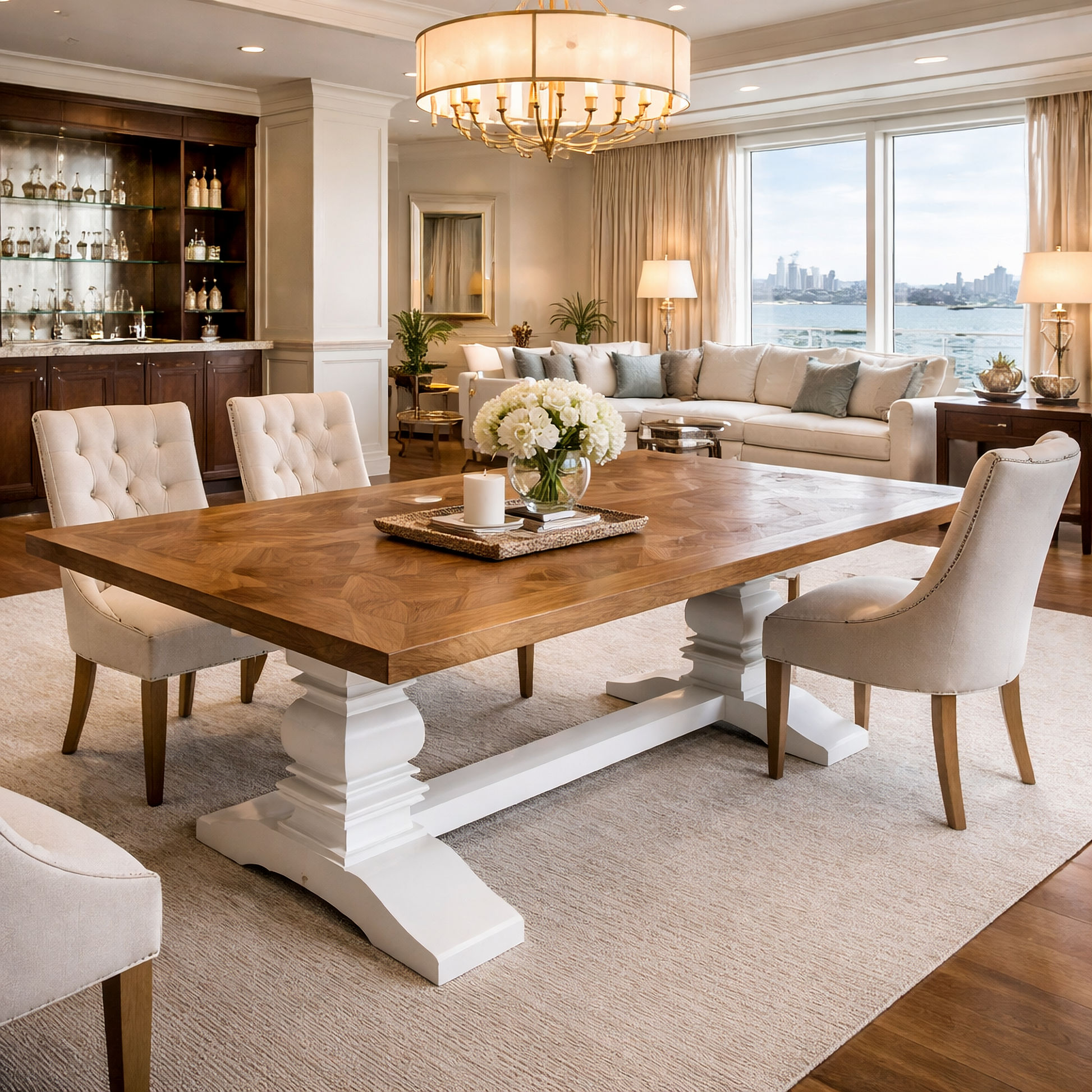 Kensit Hamptons Recycled Elm Parquetry Dining Table with White Legs - Chocolate Wood