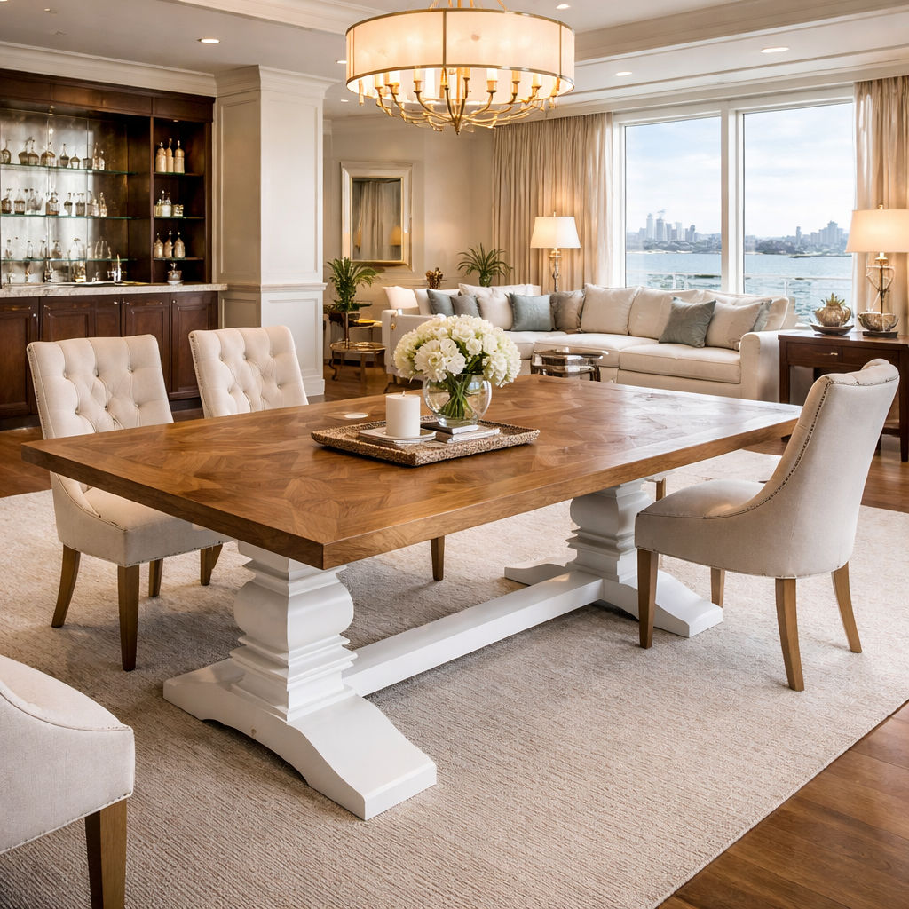 KENSIT RECYCLED ELM DINING TABLE IN 2 TONE FINISH PARQUETRY TOP 245CM - MyChocolateWood