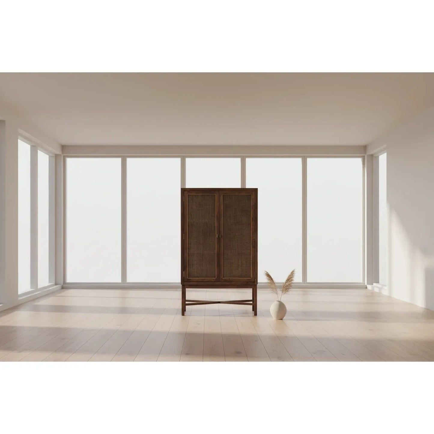 Solid mango wood Eldridge tall cupboard cabinet by Chocolate Wood in honey brown, with shelves and cabinet doors.