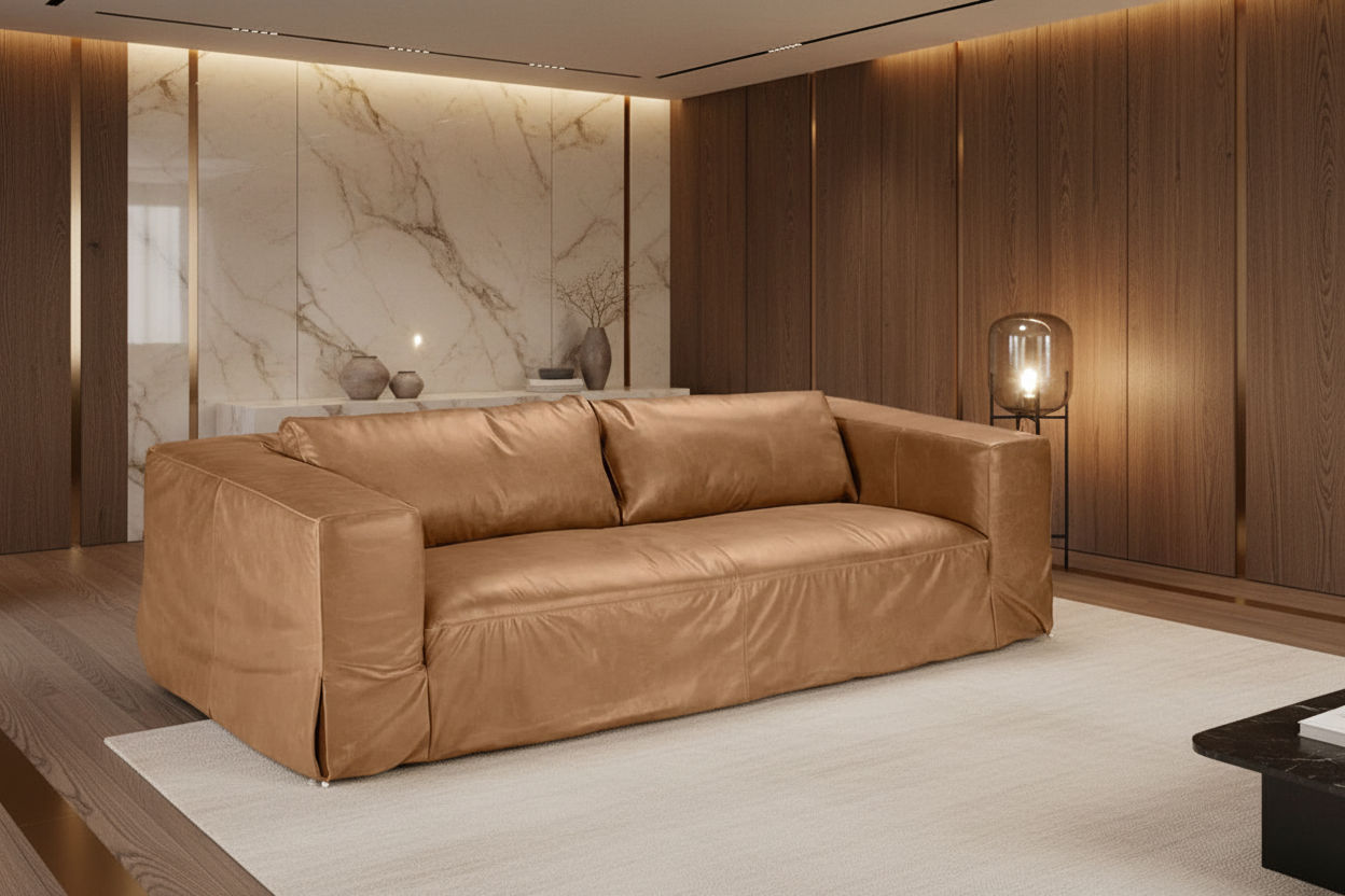 Inigo 3-Seater Leather Slipcover Sofa in Light Brown - Chocolate Wood