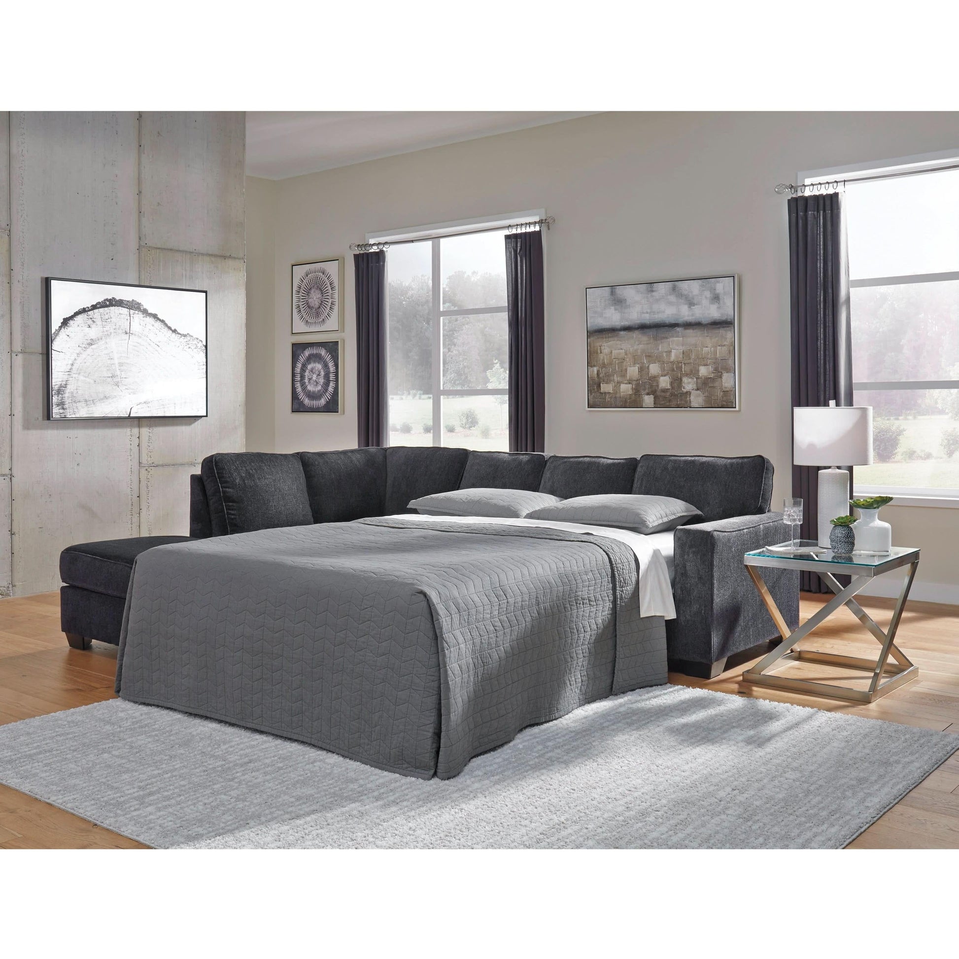 Astor Left Hand Facing Chenille Chaise Sofa Bed in Slate - Chocolate Wood