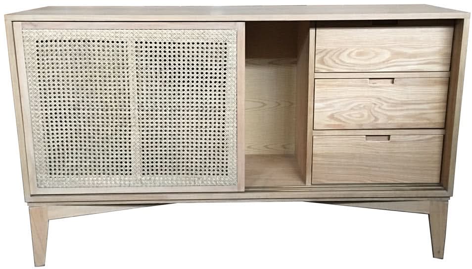 BAHAMAS BUFFET SIDEBOARD 3 DRAWERS/SLIDING RATTAN DOORS SOLID OAK NATURAL COLOUR 140CM - MyChocolateWood