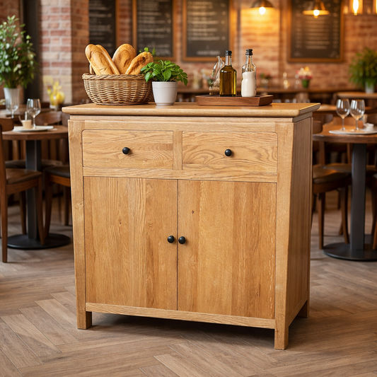 Natural oak sideboard with two doors and two drawers, MyChocolateWood Ella solid oak cabinet for storage and stylish home decor.