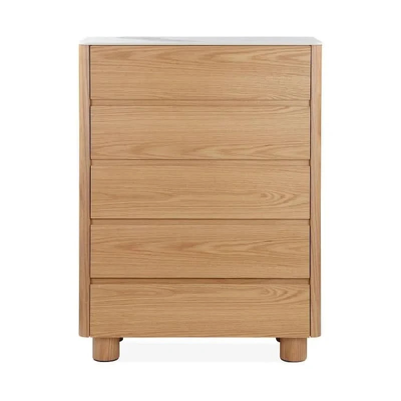 CASPIAN OAK VENEER 5-DRAWER TALLBOY/CHEST OF 5 DRAWERS  NATURAL WITH WHITE CERAMIC TOP - MyChocolateWood