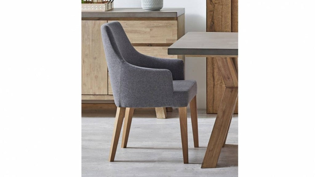 MyChocolateWood Shaun grey dining chair with padded seat and wooden legs, modern and comfortable for dining room decor.
