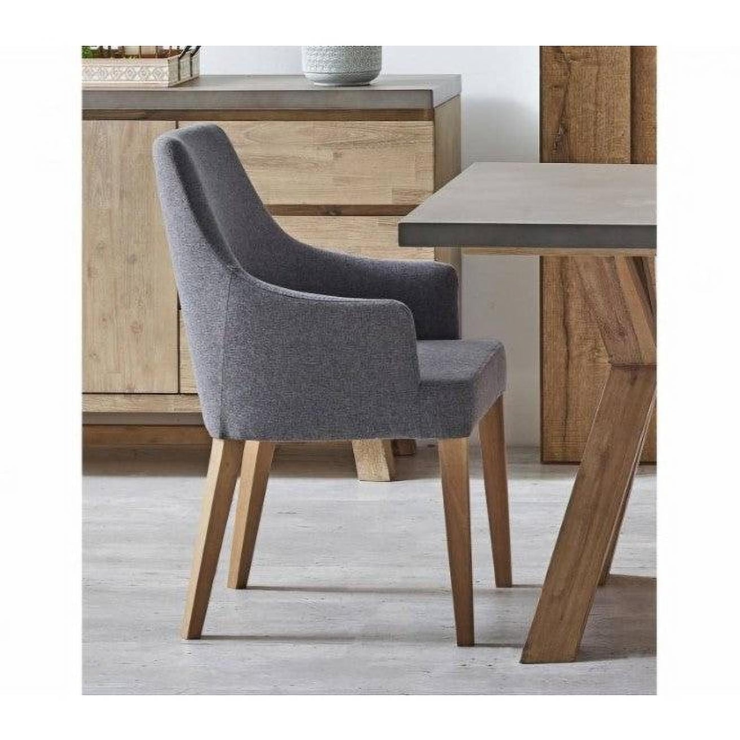 Chocolate Wood Shaun grey dining chair with padded seat and wooden legs, modern and comfortable for dining room decor.