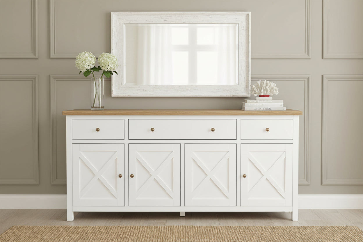 CHRISTA HAMPTON SOLID ACACIA 4-DOOR 3 DRAWER BUFFET SIDEBOARD LIGHT OAK TOP/  WHITE BASE - MyChocolateWood