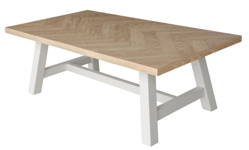 MyChocolateWood Ondina Parquetry Top Coffee Table with whitewashed oak top and white painted base, 130cm length.