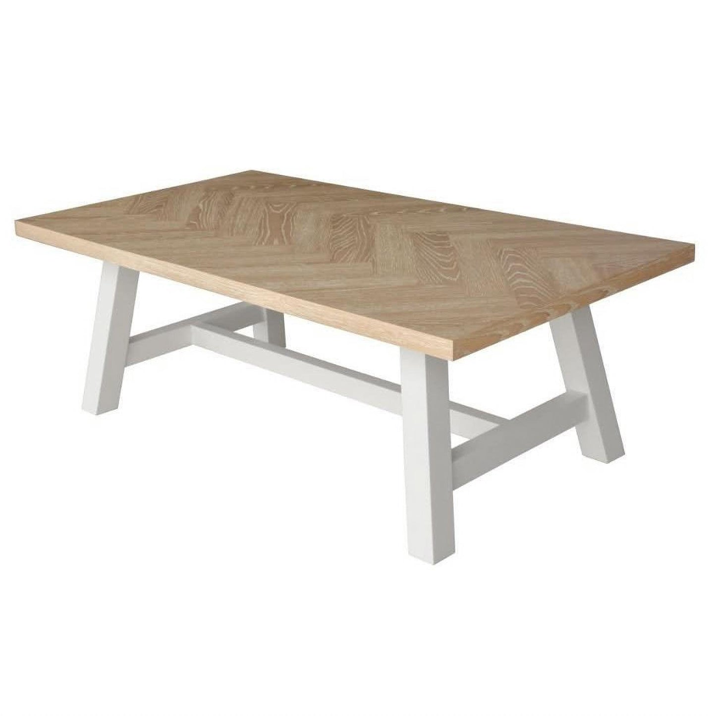 Chocolate Wood Ondina Parquetry Top Coffee Table with whitewashed oak top and white painted base, 130cm length.