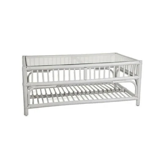 EURO SOLID WHITE RATTAN COFFEE TABLE WITH GLASS TOP - MyChocolateWood