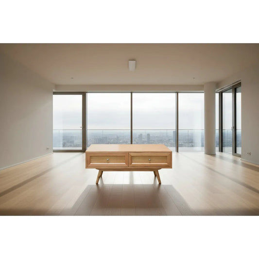 HADLEIGH OAK & RATTAN 2-DRAWER COFFEE TABLE NATURAL - MyChocolateWood