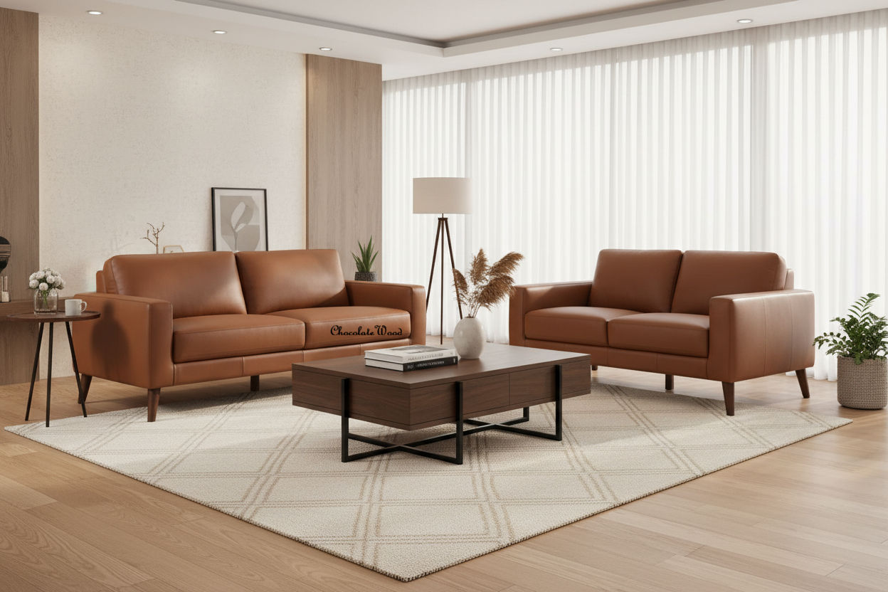 THORNA 2-SEATER + 3-SEATER  REAL LEATHER SOFA SET COGNAC