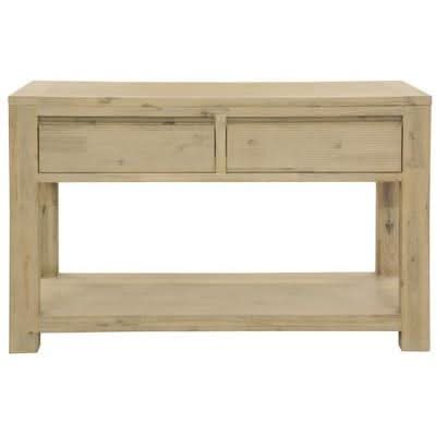 MyChocolateWood Ripley solid acacia timber 2-drawer console table with brushed smoke finish, ideal for hall or entryway decor.