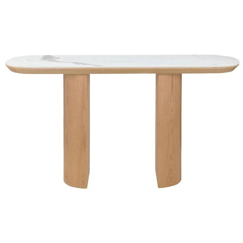CASPIAN OAK OVAL HALL TABLE/ CONSOLE TABLE NATURALWOODEN LEGS/ WHITE CERAMIC TOP - MyChocolateWood