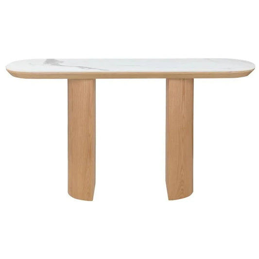 CASPIAN OAK OVAL HALL TABLE/ CONSOLE TABLE NATURALWOODEN LEGS/ WHITE CERAMIC TOP - MyChocolateWood