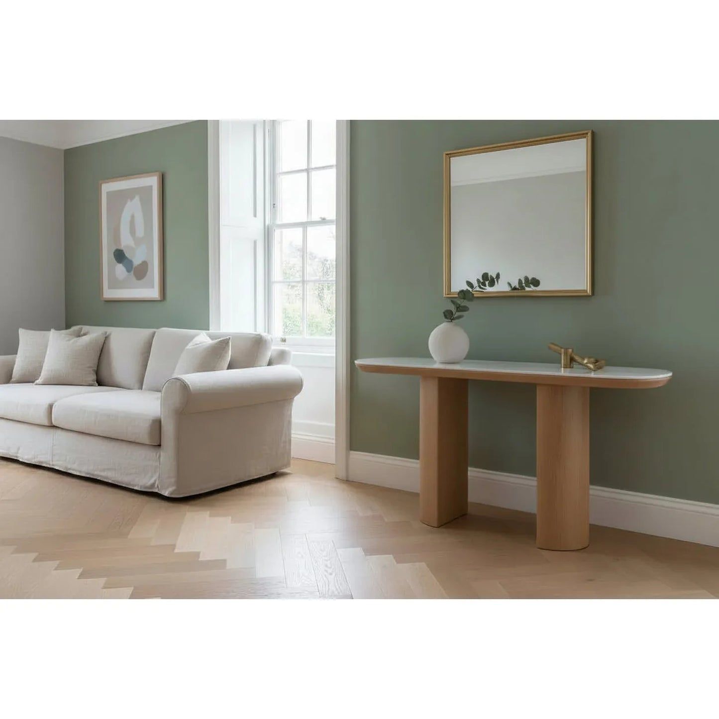 CASPIAN OAK OVAL HALL TABLE/ CONSOLE TABLE NATURALWOODEN LEGS/ WHITE CERAMIC TOP