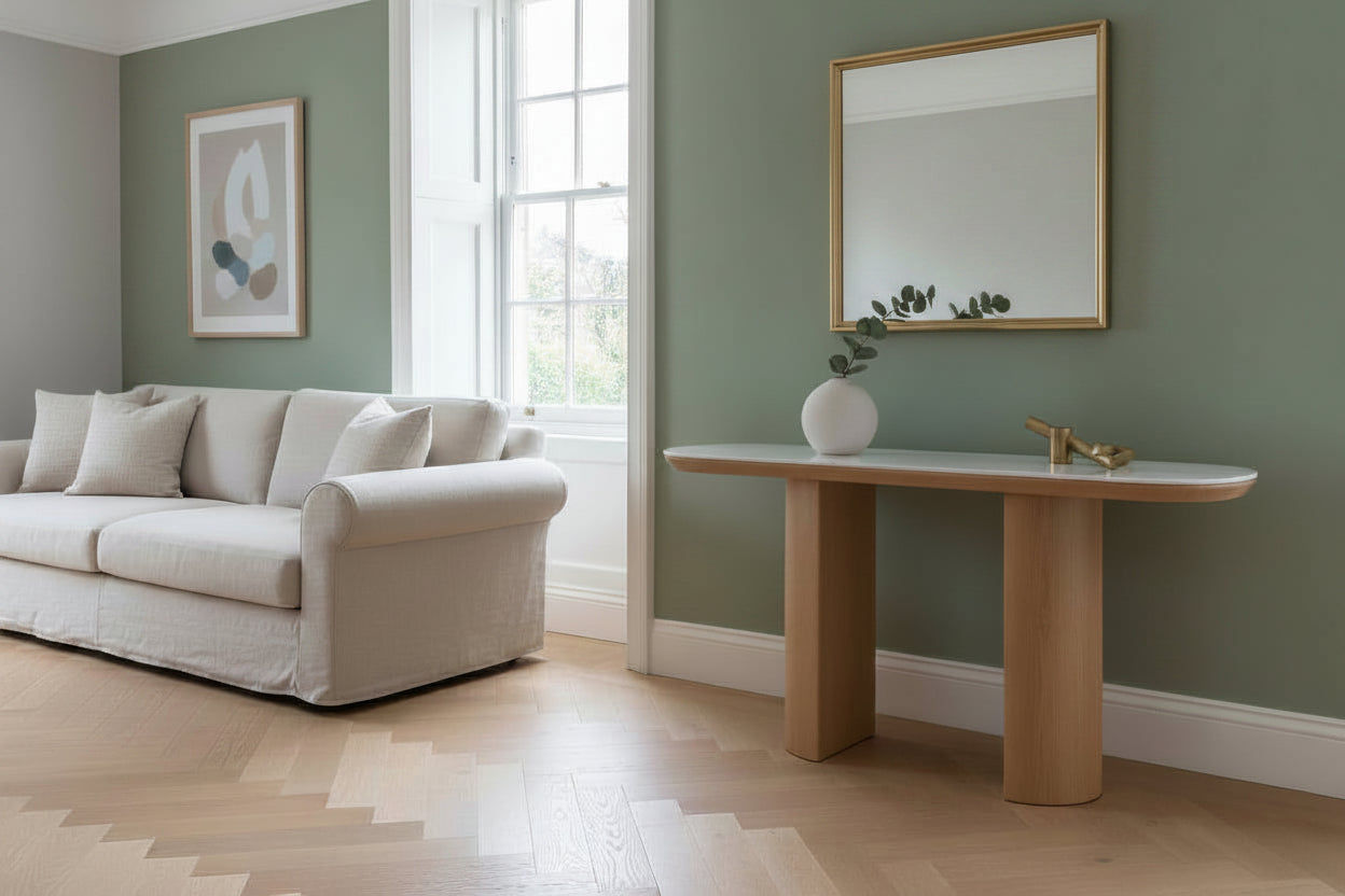 CASPIAN OAK OVAL HALL TABLE/ CONSOLE TABLE NATURALWOODEN LEGS/ WHITE CERAMIC TOP - MyChocolateWood