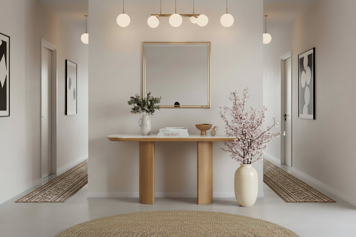 CASPIAN OAK OVAL HALL TABLE/ CONSOLE TABLE NATURALWOODEN LEGS/ WHITE CERAMIC TOP - MyChocolateWood