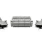Three-piece leather recliner set with a silver finish, including a 3-seater and two single recliners, by MyChocolateWood.