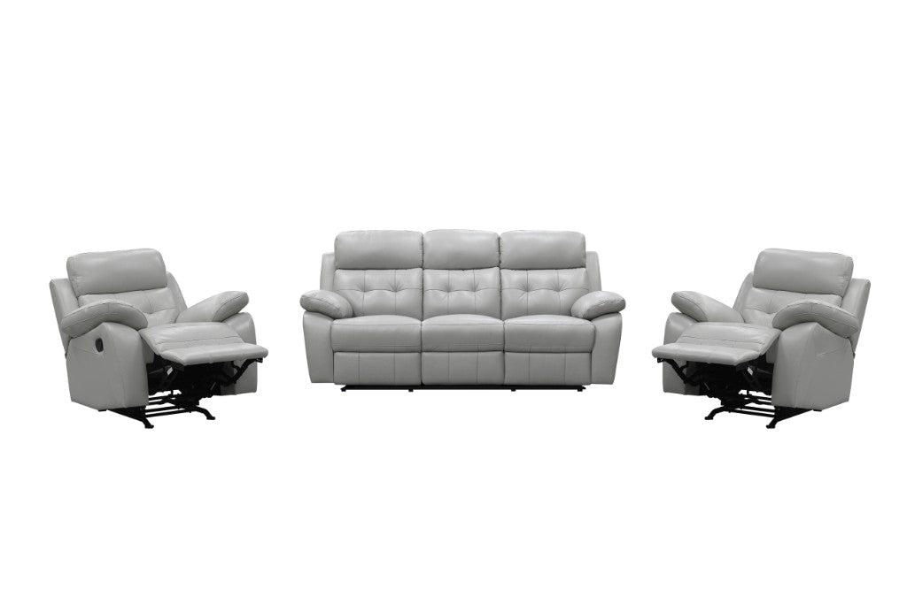 Three-piece leather recliner set with a silver finish, including a 3-seater and two single recliners, by MyChocolateWood.