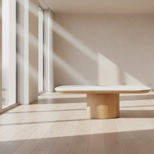 CASPIAN OAK OVAL COFFEE TABLE NATURAL-WOODEN BASE/ WHITE CERAMIC TOP - MyChocolateWood