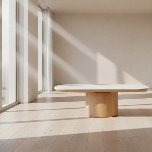 CASPIAN OAK OVAL COFFEE TABLE NATURAL-WOODEN BASE/ WHITE CERAMIC TOP - MyChocolateWood