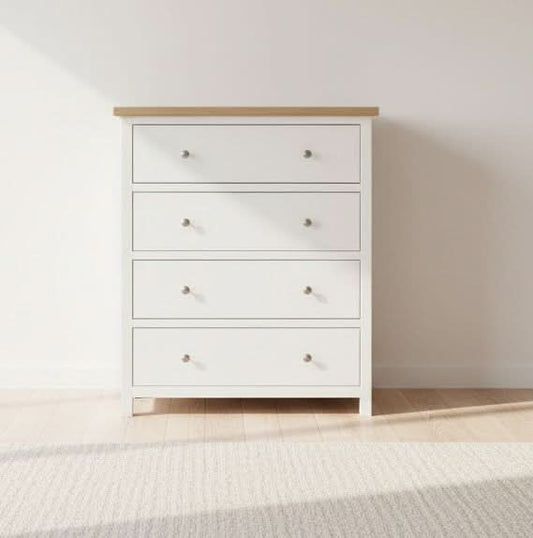 CHRISTA HAMPTON SOLID ACACIA 4 DRAWER TALLBOY CHEST OF 4 DRAWERS LIGHT OAK TOP WHITE BASE - MyChocolateWood