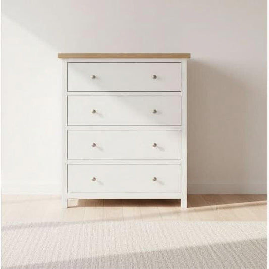 CHRISTA HAMPTON SOLID ACACIA 4 DRAWER TALLBOY CHEST OF 4 DRAWERS LIGHT OAK TOP WHITE BASE - MyChocolateWood